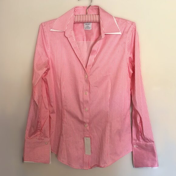 🐑 𝐁𝐑𝐎𝐎𝐊𝐒 𝐁𝐑𝐎𝐓𝐇𝐄𝐑𝐒 🐑 French Cuff Blouse Pink/White Stripe NEW!! - Picture 2 of 11